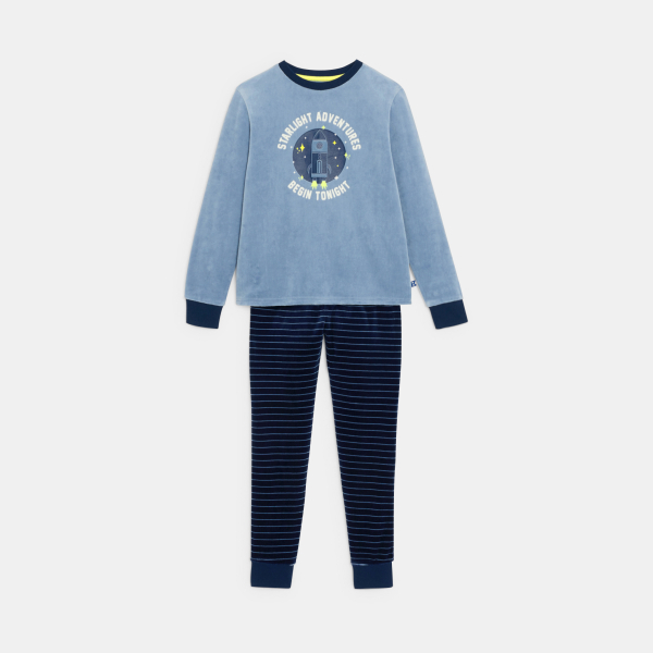 بيجاما قطعتان مخملية، اللون أزرق، للأولاد